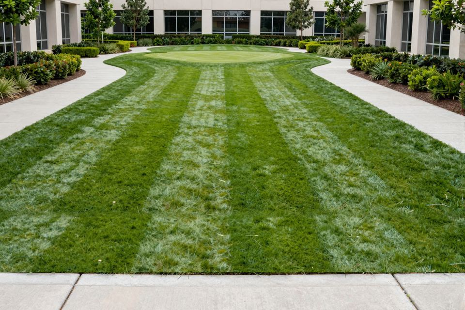 An office courtyard lawn mown in even stripes, with clipped hedges along the walkways