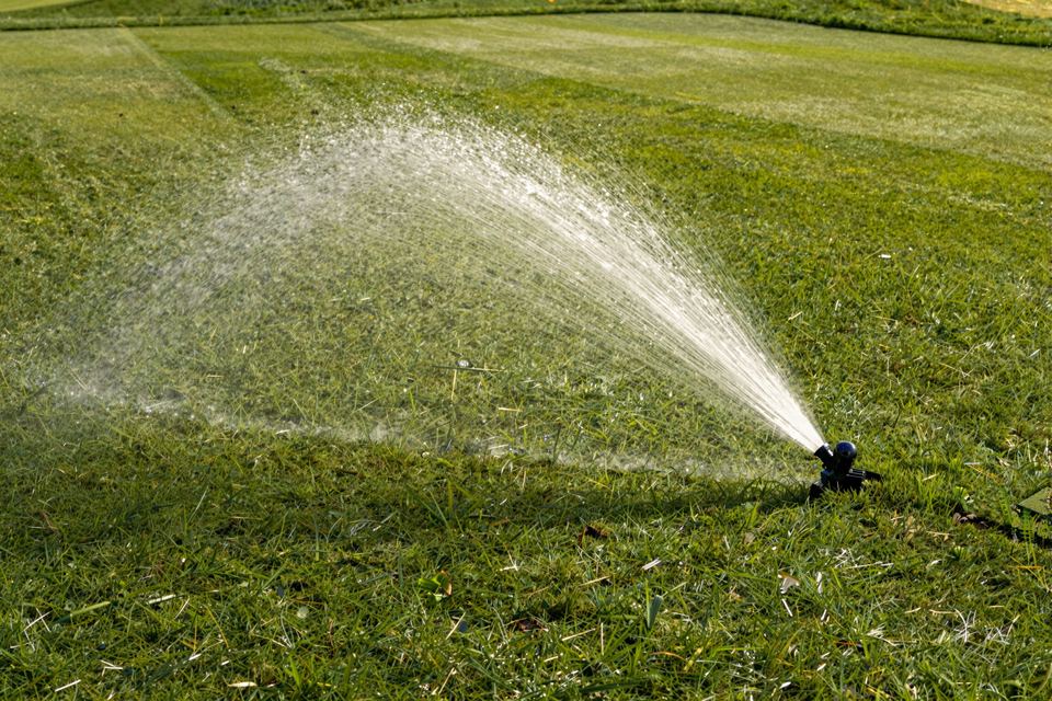 A sprinkler spraying an arc of water across a green lawn