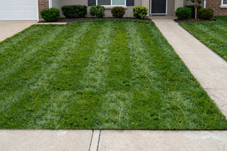 A striped front lawn mown right up to the sidewalk in front of a home